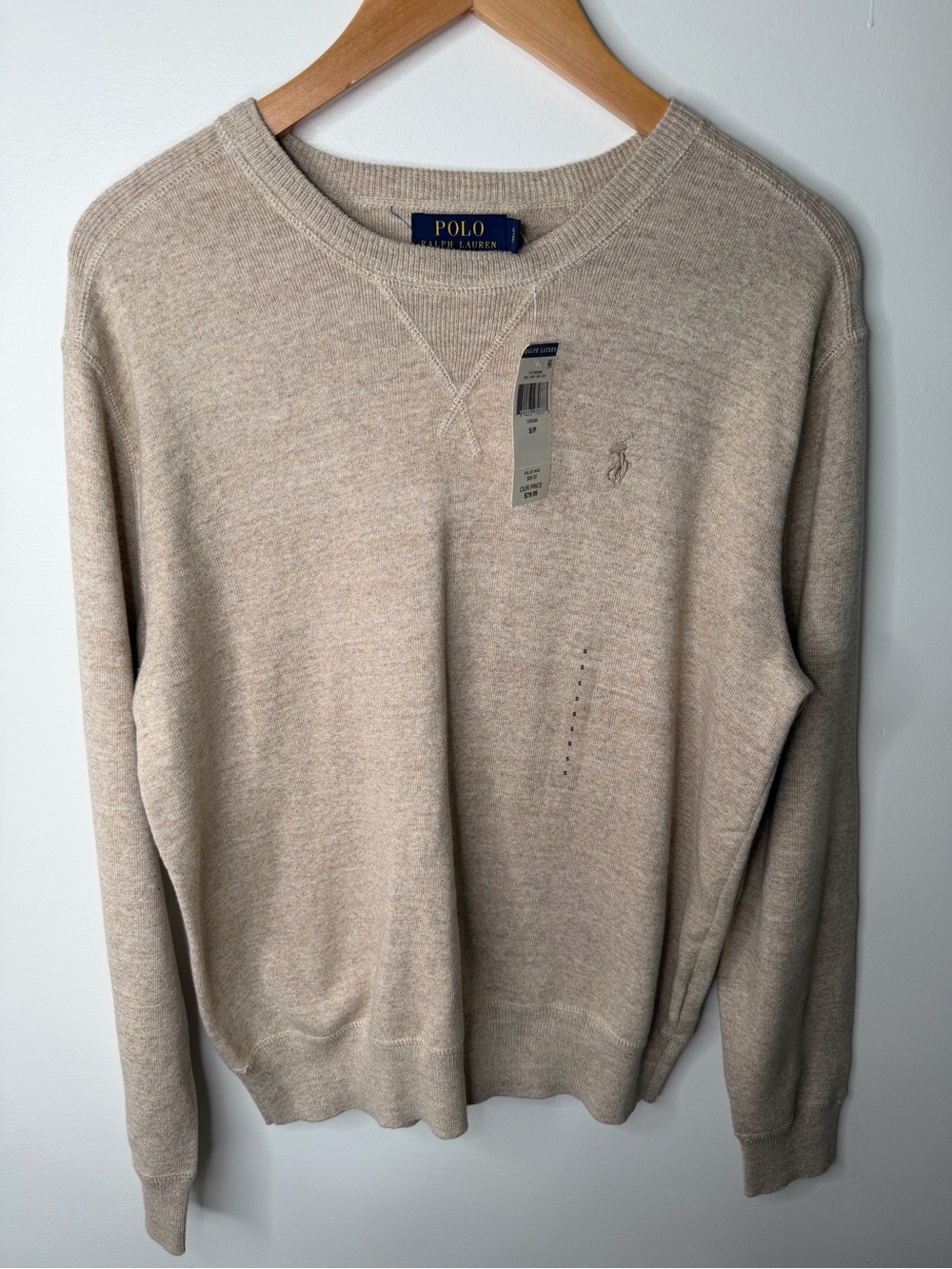 Polo Ralph Lauren Cream Cotton Cashmere Crewneck Sweater Men’s Sm Pony Logo NEW